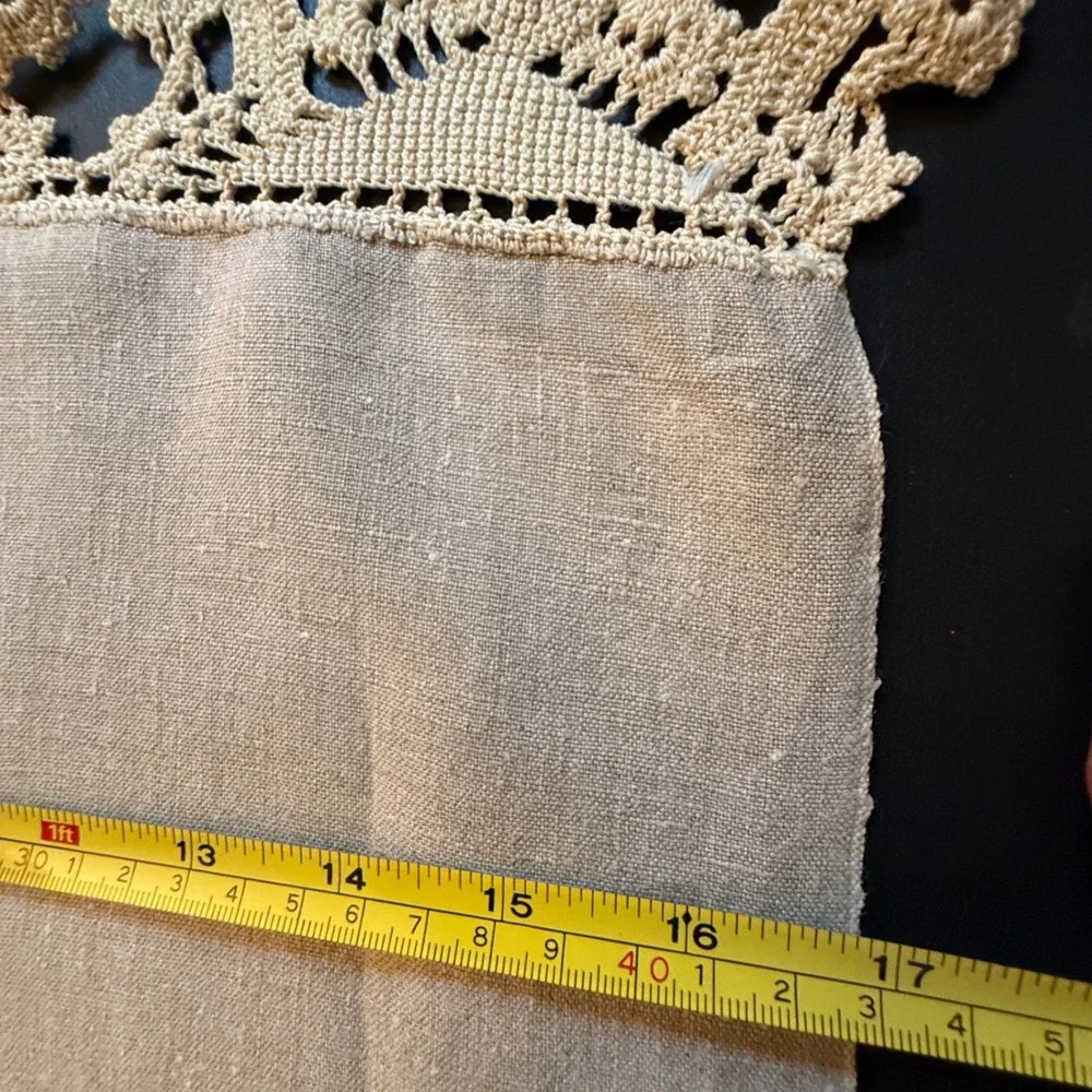 Vintage Linen Table Runner with Handmade Crochet Lace Trim Beige 52 Inch